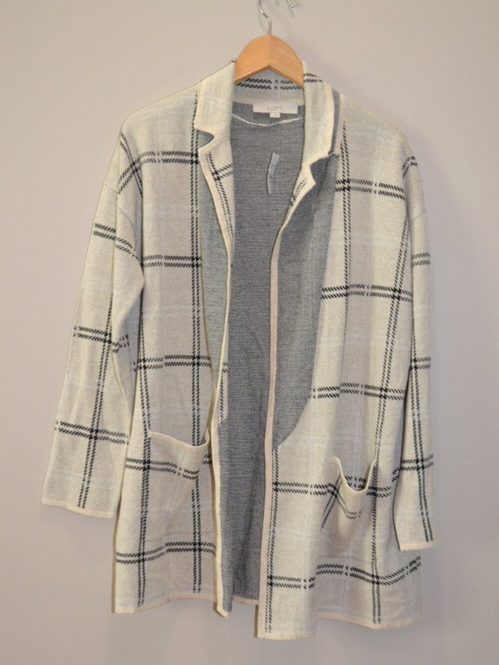 LOFT New Windowpane plaid sweater jacket blazer Cream/black Cotton cardigan L - Picture 9 of 10